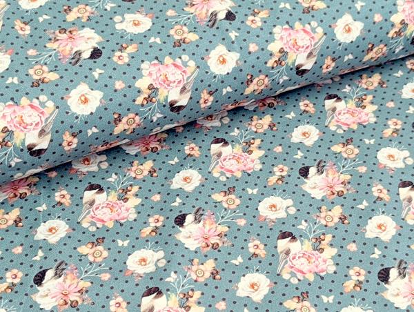 Baumwolljersey Vogel im Blumenzweig auf Punkte Jeansblau